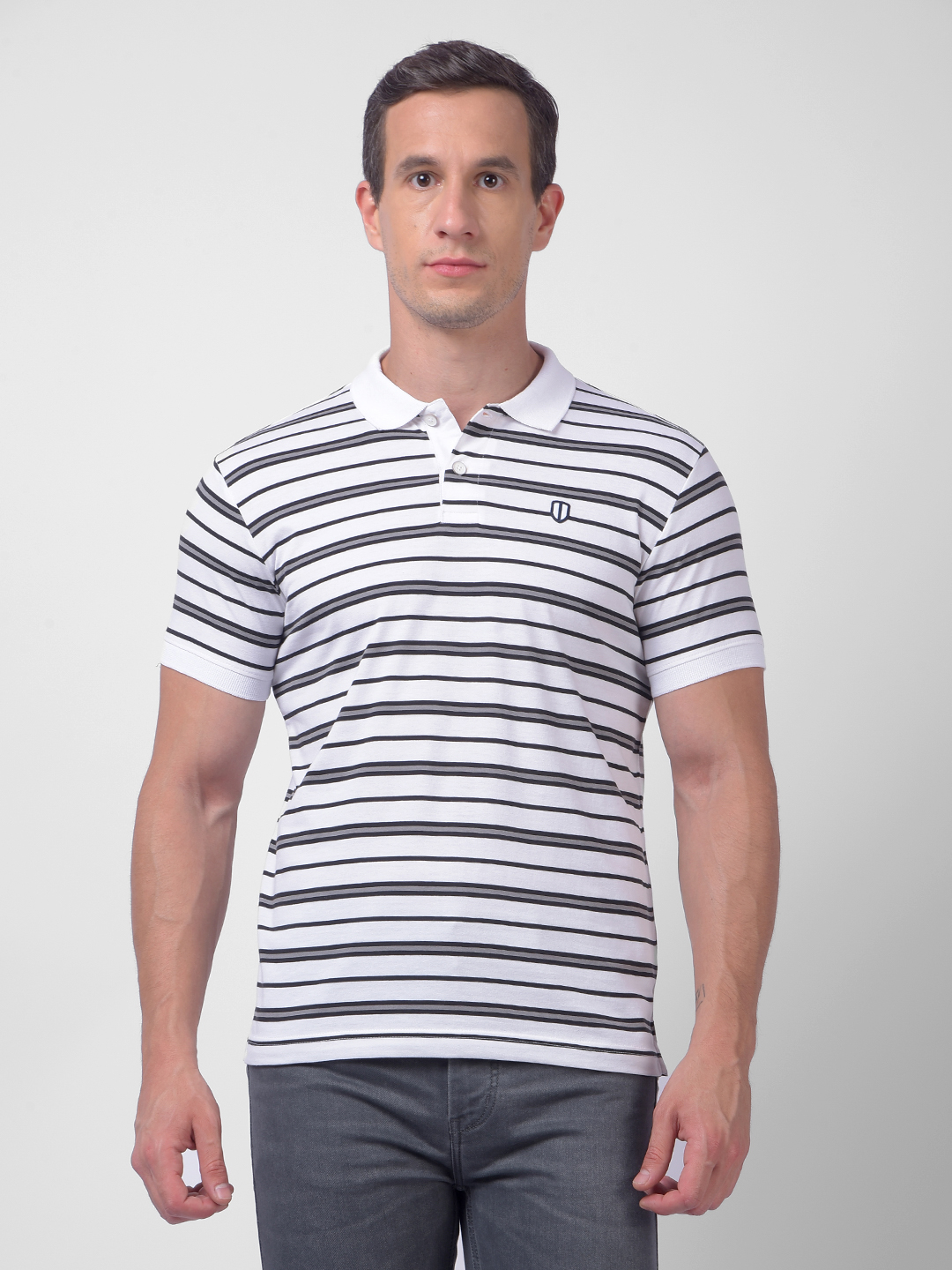 Numero Uno Men White & Black Striped Polo Neck T-Shirt